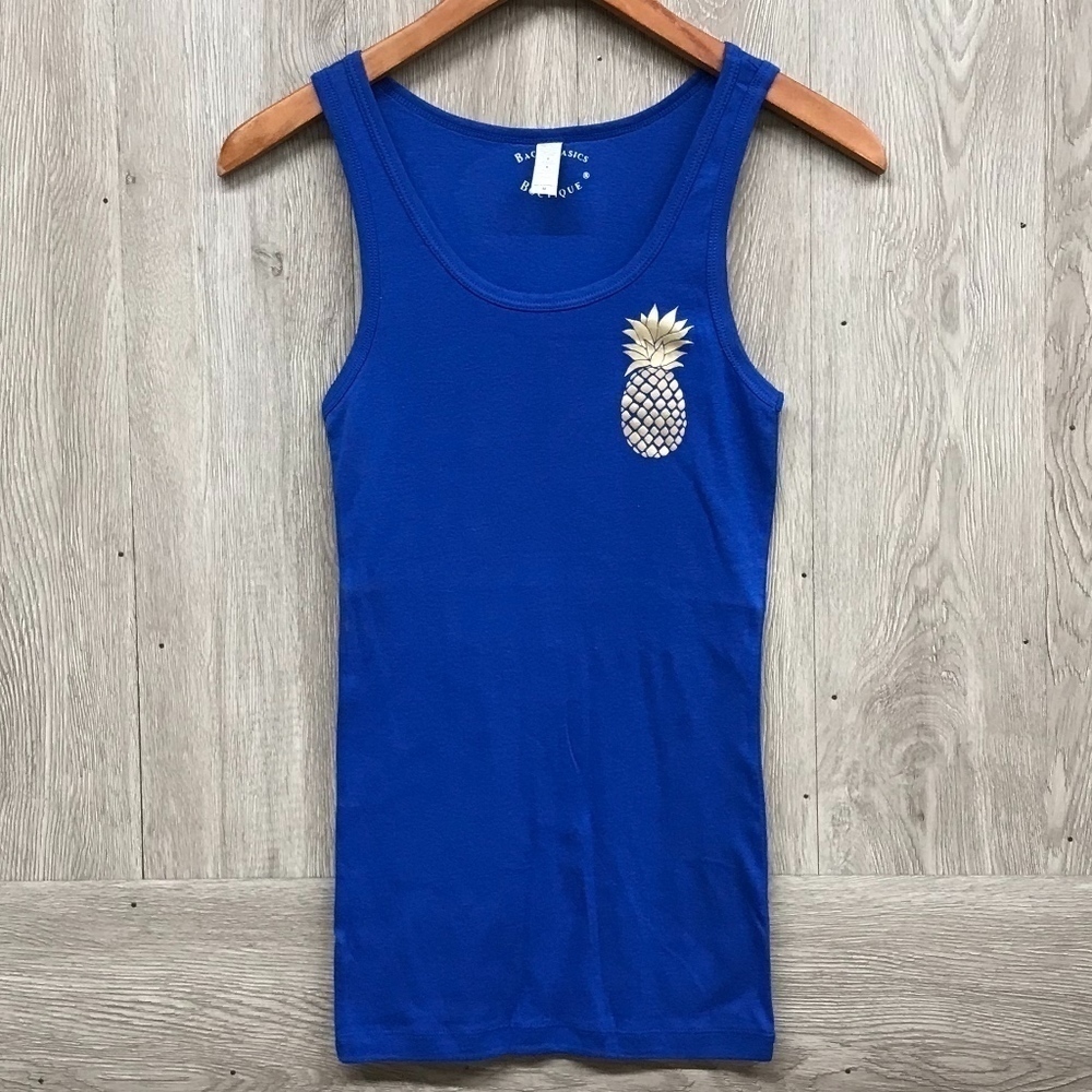 Blue Fitted Tank Top With Gold Pineapple BB322